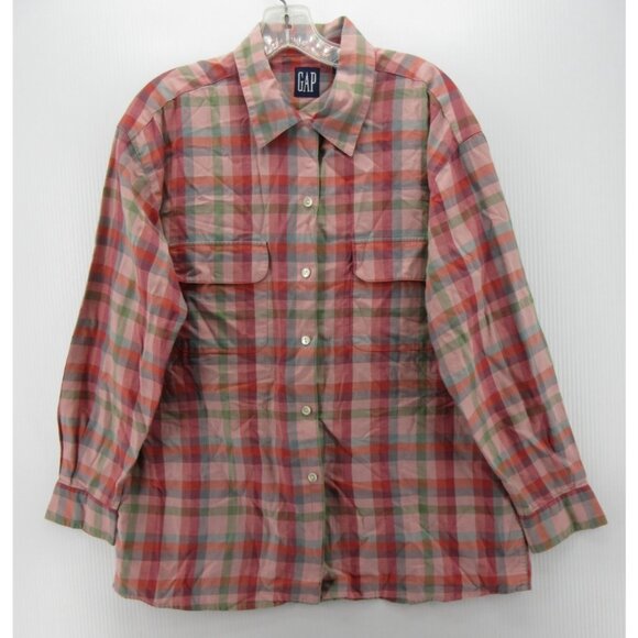 VINTAGE Gap Top Medium Shirt Loop Collar Button Up Plaid 90s Field * - Picture 1 of 12